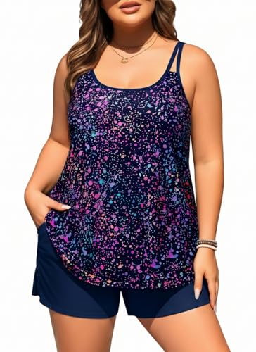 Plus Size Tankini Swimsuits - Women Two Piece Tankini Top with Shorts Flowy Swimsuit 2025 Bathing Suits Starry Sky 20W