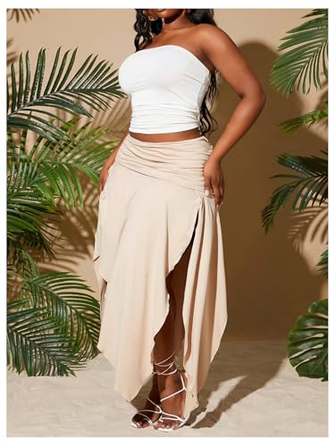 SOLY HUX Women's Plus Size Skirt Ruched Elastic Waist Split Asymmetrical Hem Long Skirts4