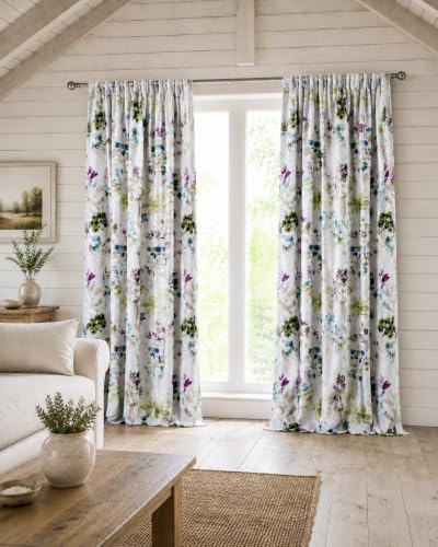 Image of John Aird Emma Floral Botanical Thermal Blackout Pencil Pleat Curtains, Energy-Saving Dimout Curtain Pair 3" Tape Header, Watercolour Print Green, Purlpe, Teal Blue & White (W 66" x L 72" (2 Panels)