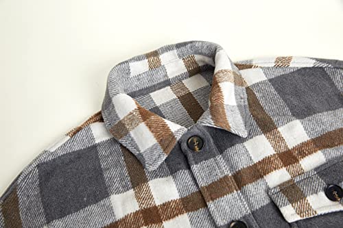 Womens Button Down Wool Blend Coat Brushed Plaid Casual Lapel Shacket Long Peacoat Oversized Jackets Outwear Beige #TOP1