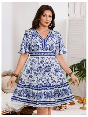 Image of Floerns Women's Plus Size Summer Vacation Wrap V Neck Short Sleeve Ruffle Hem A Line Hawaiian Short Dress
