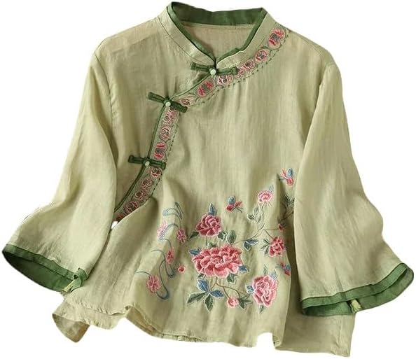 Women's Spring Summer Ethnic Style Cotton Linen Embroidered Asymmetrical Blouse Frog Button Retro 3/4 Sleeve Top