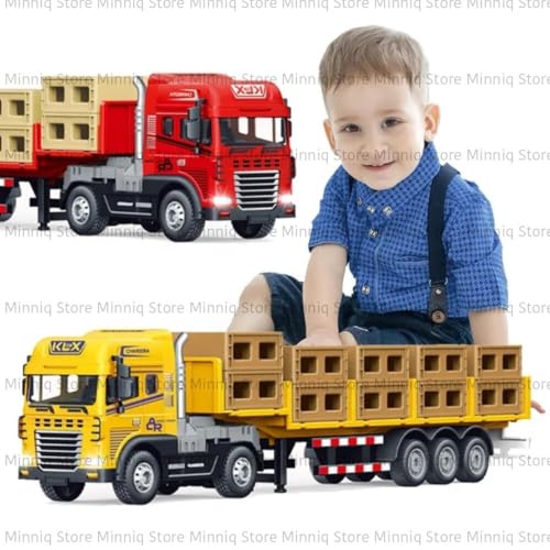 Image of Box Transport Trailer with Lights and Sounds Friction Powered Trailer Model Diecast Truck Toys for Kids [Pack of 1](Box Transport Truck)
