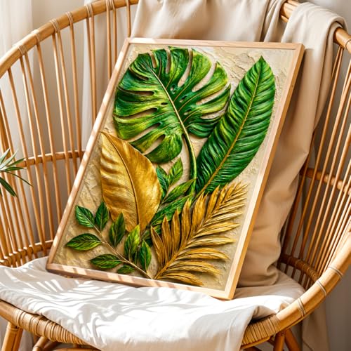 Image of NoWorries 3D Tropical Leaf Wall Painting with Frame Set of 1 | Premium Textured Green & Gold Monstera Palm Leaves Artwork, Luxury Botanical Nature Wall Decor for Living Room, Bedroom, Office and Home Decoration (3d Art-10,17x25inch)