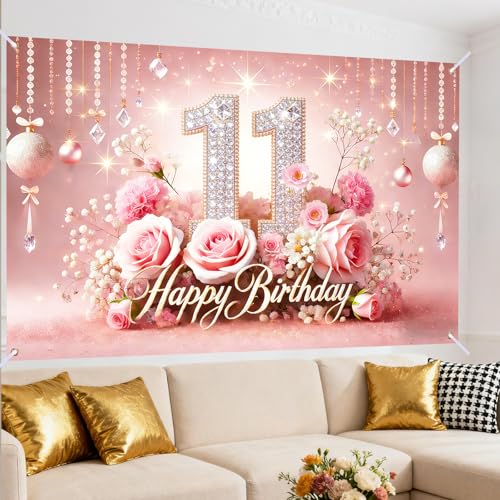 Image of Nuxovilar 11th Birthday Banner - Elegant Pink & Gold Floral Backdrop | with Glitter inch11 inch Sign, 71x43 Inch Large Party Decor for Women & Men, Reusable Indoor /Outdoor Hanging