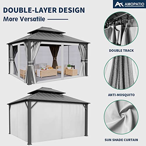Amopatio 12' X 14' Hardtop Gazebo Permanent Aluminum Gazebos With Galvanized Steel Double Roof For Patio Lawn And Garden,Included Curtains & Mosquito Netting,Grey #TOP5