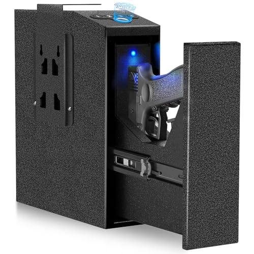 Biometric Pistol Gun Safe with Auto Sliding Door – 0.1s Quick Access Handgun Safe for Nightstand, Desk, Bedside, Truck – Fingerprint, PIN Code & Key Access Security Box