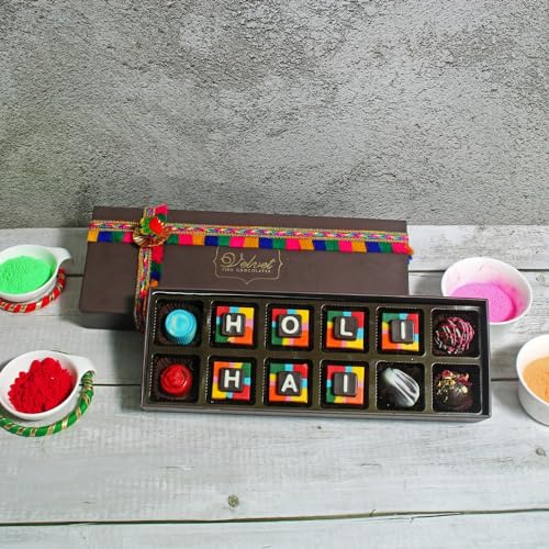 Image of Velvet Fine Chocolates Premium Holi Chocolate Gift Rang Biranga box 12 Assorted Chocolates Holi Gift Pack for Kids, Family, Friends, Employees