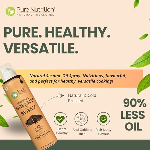 Image of Pure Nutrition Sesame Oil Spray | 100% Pure, Natural & Cold-Pressed | Cook Healthy with 10X Less Oil | Rich in Antioxidants & Nutrients | Ideal for Sauteing, Grilling & Salad Dressings | Heart-Healthy Oil - 200ml