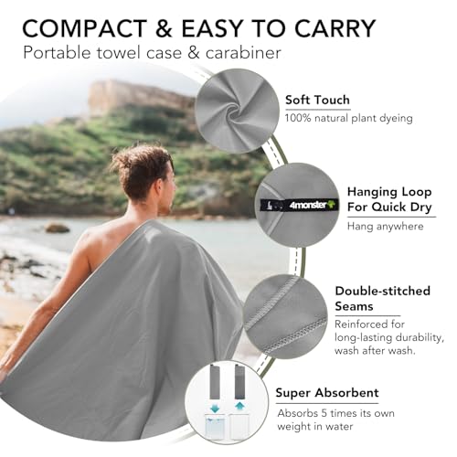 Image of 4Monster Quick Dry Travel Towel with Case & Carabiner - Super Absorbent Microfiber Gym & Camping Towel. Compact, Lightweight, Fast Drying for Beach, Swimming, Hiking, Backpacking