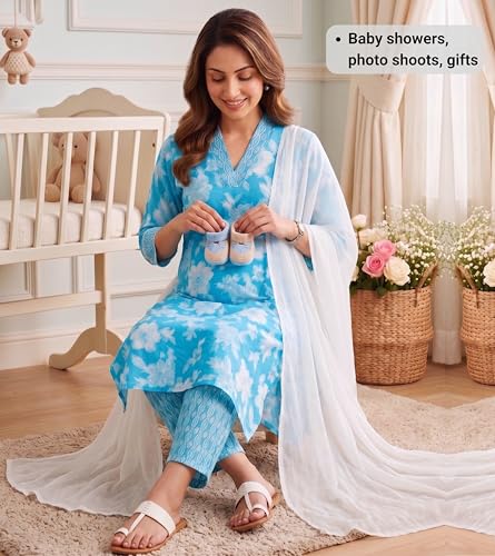 Image of DUMMY SHAPE Feeding Kurtis for Women Cotton Blend | Floral Kurta Pant Dupatta Set with Nursing Zippers to Pre & Post Partum | Maternity Dresses | Mom to Be Gifts for Pregnant Woman