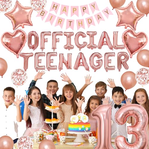 13th Birthday Party Decorations, OFFICIAL TEENAGER Balloons Happy Birthday Banner, Rose Gold Heart Star Foil Balloon, Confetti Balloons, Cake Topper for 13 Year Old Girls Birthday Favor Supplies - Image 4