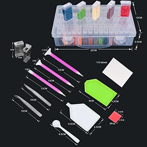 DONQL 64 Grids Diamond Painting Storage Boxes Diamond Painting Accessories Storage with 3 Drill Pens 2 Trays 1 Spoons and Labels 5D Diamond Painting Kits Storage Box for Adults or Kids (18Pcs Set)