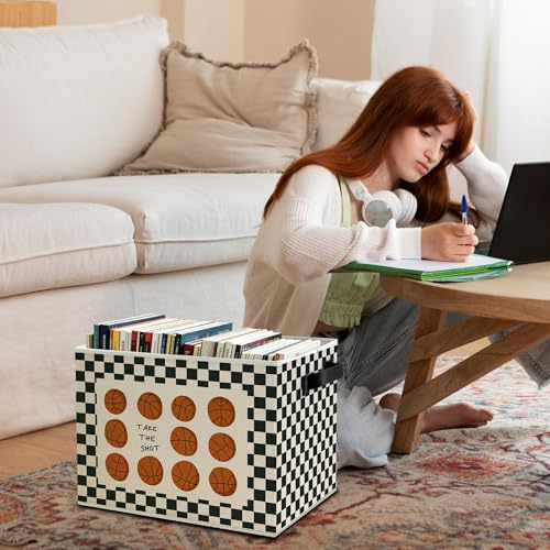 Image of Vintage Basketball Nursery Storage Bins Box with Handles, Black and White Checkered Basketball Sports Collapsible Basket Organizer for Kids Boys Bedroom Playroom Bathroom Books Clothes