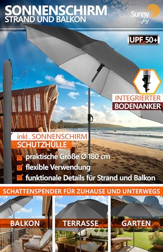 4smile Sonnenschirm Strand mit Schirmhülle, Anthrazit - UPF 50+ Strandschirm Ø180 cm mit sicherem Sonnenschutz Strand, Strandschirm windfest stabil - Ideal als Balkon Schirm, Gartenschirm – Bild 3