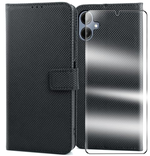YJROP for Samsung Galaxy A06 Case,with Screen Protector,PU Leather Wrist Strap Card Slots Shockproof Protective Flip Cover Phone Wallet Case for Samsung Galaxy A06, Black