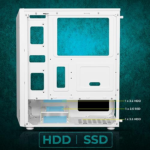 Image of ZEBRONICS Atomic Mid-Tower Premium Gaming Cabinet, ATX /M-ATX /M-ITX, 1 x 120 mm RGB Inner Glow Rear Fan, LED Strip with Control Switch, Tempered Glass Side Panel, USB 3.0, USB 2.0 (White)