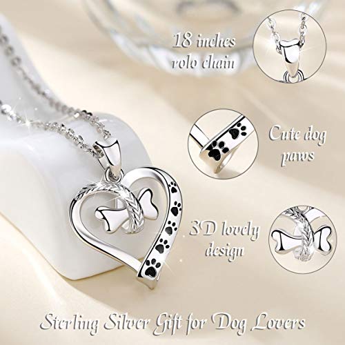 EUDORA 925 Sterling Silver Necklace Cute Dog Paws with Bone, Heart Shape Pendant 18", Gift for Dog Owner3