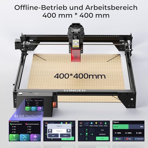 LONGER 10W Lasergravierer mit 3,5 Touchscreen, 0,06 mm Präzisionslaser und 10.000 mm/min Geschwindigkeit. Offline nutzbar, ideal zum Gravieren von Holz, Metall, Acryl und Glas