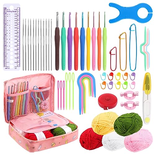 Tanstic El juego de 21 ganchos de crochet incluye agujas de ojo grande para crochet y ganchos ergonómicos para ganchillo, clips de marca con bolsa de almacenamiento para amantes del crochet (kit C)