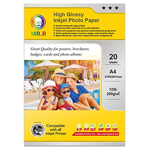 MR.R Single Side High Glossy Inkjet Photo Paper 200gsm A4 210 x 297mm Pack of 20 Sheets for Epson Canon Brother HP Inkjet Printers