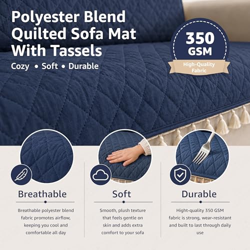 Image of Lukzer Quilted Sofa Cover Mat with Tassels for 5 Seater Sofa - Midnight Blue | Soft Washable Anti-Slip Protector for Living Room | Furniture Cover for Back-Seat Slipcover 3+1+1 Seat Cover /SC-191-5T