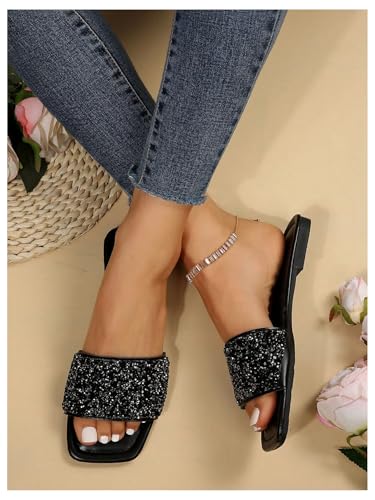 Image of GORGLITTER Women's Sparkly Jeweled Flat Sandals Dressy Open Toe Glitter Shiny Slippers Slip-on Shoes