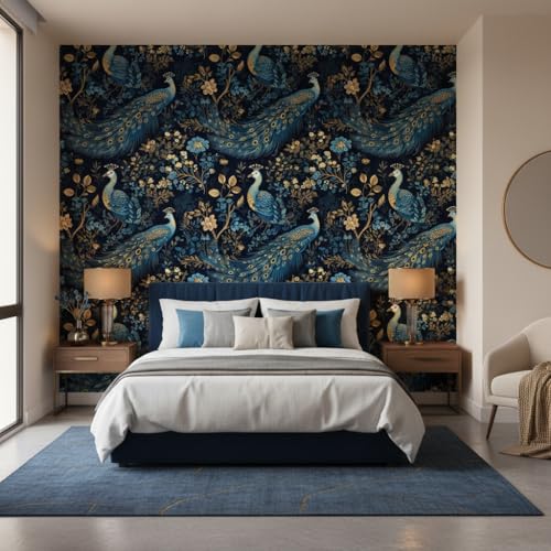 Image of Hotel and Restaurant Blue and Gold Peacock Wallpaper Hotel and Restaurant for wall Stickers Living Room and kidroom Stick Wall Decor|Fantasy Patter Wallpaper for wall Stickers(45 x 300 cm)