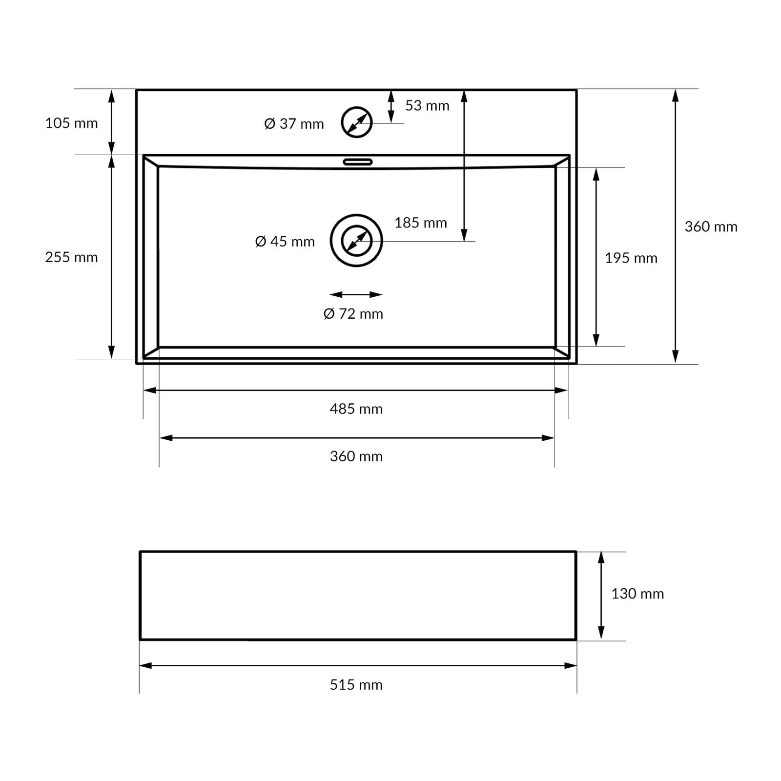 HAGO24 | Waschbecken Keramik 515x360x130mm | eckig | Überlauf | Wandmontage | Aufsatzwaschbecken | weiß | Standardanschluss | kratzfest | schmaler Rand | modern