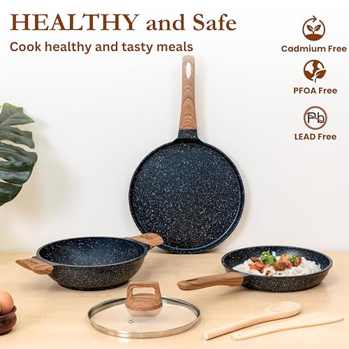 Image of Kreme CeraStone Ultra Granite Nonstick Cookware Set 6 Pieces, Kadai 2.5L, Frying Pan 1.7L, 28cm Flat Tawa, Glass Lid, 2 Cooking Spoons, Made in India, Induction Compatible, PFOA Free, Black