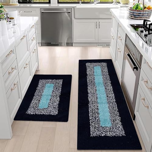 Image of Kitchen Floor Mat Runner Set, Cotton Border Door Mat, 2 Piece Set, Blue, Rug