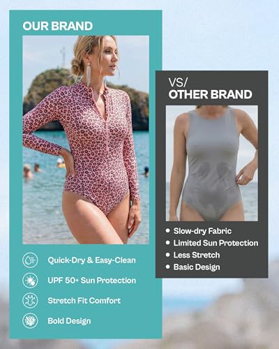 Image of Tame the Sun Long Sleeve Swimsuits for Women - One Piece Tummy Control, UPF 50+ Bathing Suit - Rash Guard, Zipper Swimwear