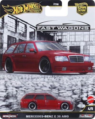Image of Hot Wheels Premium Fast Wagons, 1:64 Mercedes Benz E 36 AMG Scale Die-Cas Vehicle with Real Riders Tires 4 /5 (Red)
