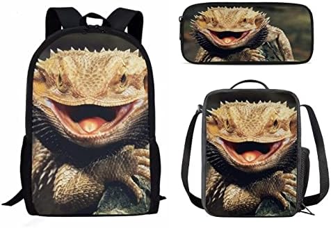 Tomeusey Bearded Dragon Lizards Backpack Student Bookbag for Girls Boys 3 Piece Kids Casual Travel Backpack with Lunchbox Pencil Case
