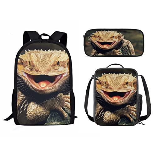 Bearded Dragon Lizards Backpack Student Bookbag for Girls Boys 3 Piece Kids Casual Travel Backpack with Lunchbox Pencil Case