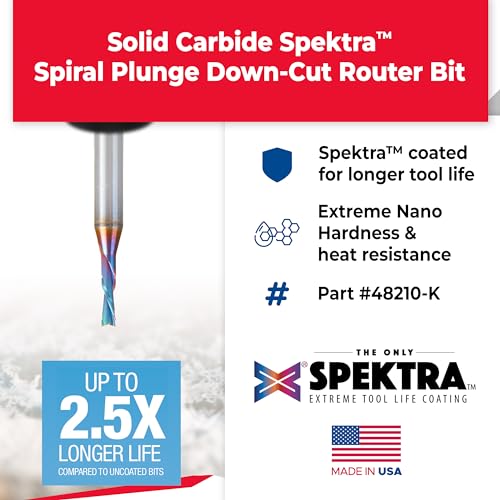 Image of Amana Tool 48210-K SC Spektra Extreme Tool Life Coated Spiral Plunge 1.5mm Dia x 5mm CH x 3mm SHK 50mm Long Down-Cut Router Bit for Drilling Shelf Pin Holes
