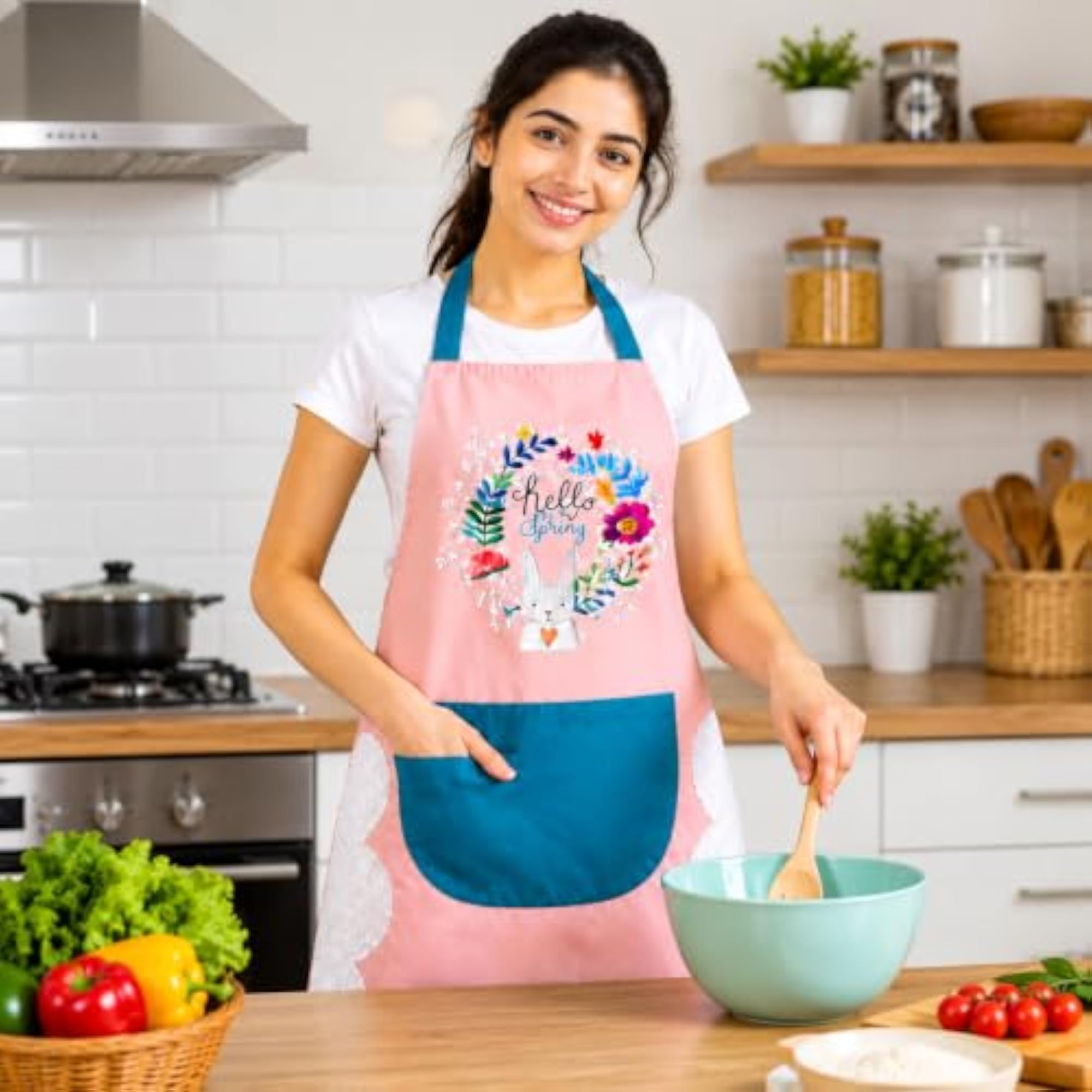 Polyester Kitchen Apron with Large Front Pocket, Adjustable Free Size