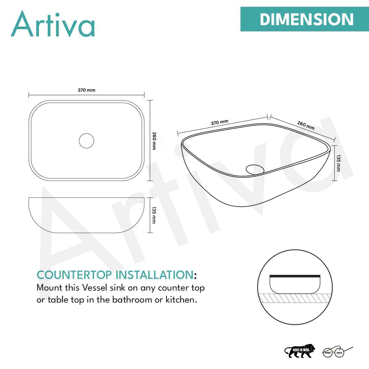Artiva Glossy Designer Ceramic Bathroom Sink | Counter Top Wash Basin For Living Room | Rectangular Kitchen Sink | Small Size (Marbo Beige 10x14 Inch) 4