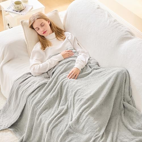 EMME Muslin and Fleece Queen Blanket Reversible - 80"*90" Grey Soft Warm Throw Blankets for Couch Bed Picnic Travel Bed