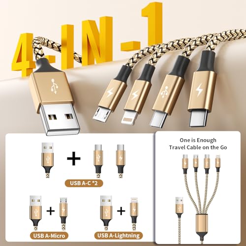 Jogrytece Travel Essentials, Dual Type-C 4 in 1 Charging Cable 2 Pack 5FT Multi Charging Cables for All Devices,iPhone Charger Cord Adapter 2 USB-C/IP/Micro Port for Phones,Pad,Galaxy (Gold) — view 2