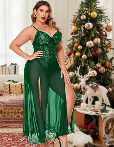 Image of Avidlove Plus Size Lingerie for Curvy Women Long Lace Babydoll Nightdress | V neck sheer mesh nightgown,g-string included,high side slits,adjustable straps,curve-flattering fit,maternity photoshoot