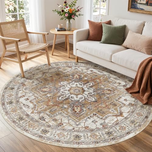 Madane Washable 5ft Circle Round Rug, 5x5 Circular Area Rugs, Turmeric/Grey