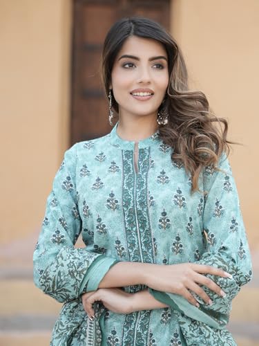 Image of Nefer Women Teal Green Pure Cotton Straight Ethnic Motifs Three-Quarter Sleeves Kurta Trouser Set With Dupatta