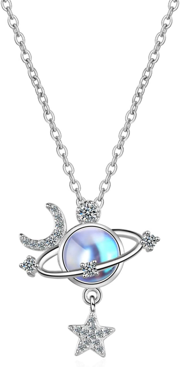 Moon and Star Necklace for Women, Planet Moon Necklace, Moonstone Necklace, for Women Gifts, Silver Planet Moonstone Universe Pendant, Silver Chain Gift for Women, Girlfriend