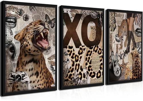 Framed Trendy Leopard Roar Canvas Wall Art Srt of 3, Fashion Stylish Cheetah Prints, Trendy Boots Poster, Aesthetic Fashion Wall Decor for Living Room Bedroom – Black Wooden Frame 16x24in by raiqtols - Used condition - US$72.19