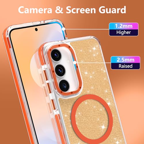 Image of Magnetic Case for Samsung Galaxy S25 FE 5G [Compatible with Magsafe] [Bling Glitter Fluorescent Design] [1 Screen Protector] Slim Translucent Matte Case for Galaxy S25 FE 5G 6.7 inch, Orange