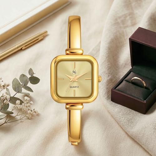 Image of Shocknshop Elegant Bangle Aura Square Dial Ladies Rose Gold Bracelet Strap Watch for Woman -WCH181