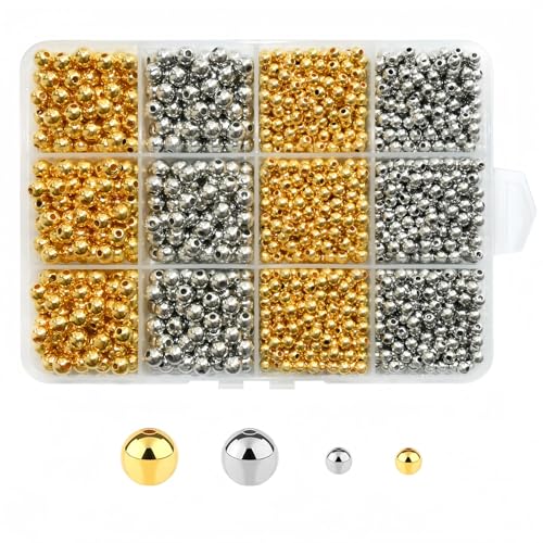 Looconi 1740pcs Spacer Beads 4mm and 6mm Gold and Silver Assorted Round Beads for Bracelet Jewelry Making