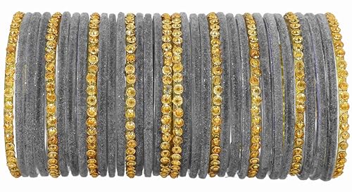 Image of NMII Premium Glass & Golden Beads Velvet Bangle Set For Women and Girls | Velvet Chudi | Traditional Chudi Set | Designer Girl's Bangles Bracelet | Wedding, Party, Festive, Daily- Set of 34