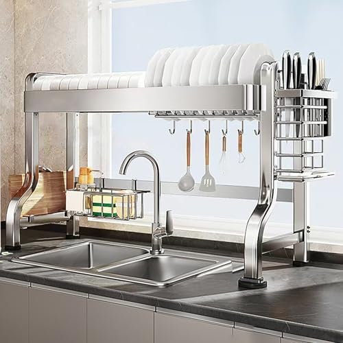 ARMAAN Escurridor De Platos De Dos Niveles para Colocar sobre El Fregadero, De Acero Inoxidable, con Estante Ajustable, Escurridor Versátil para Platos, Cuencos Y Cubiertos,Silver 1Tier- 84cm/33.07in